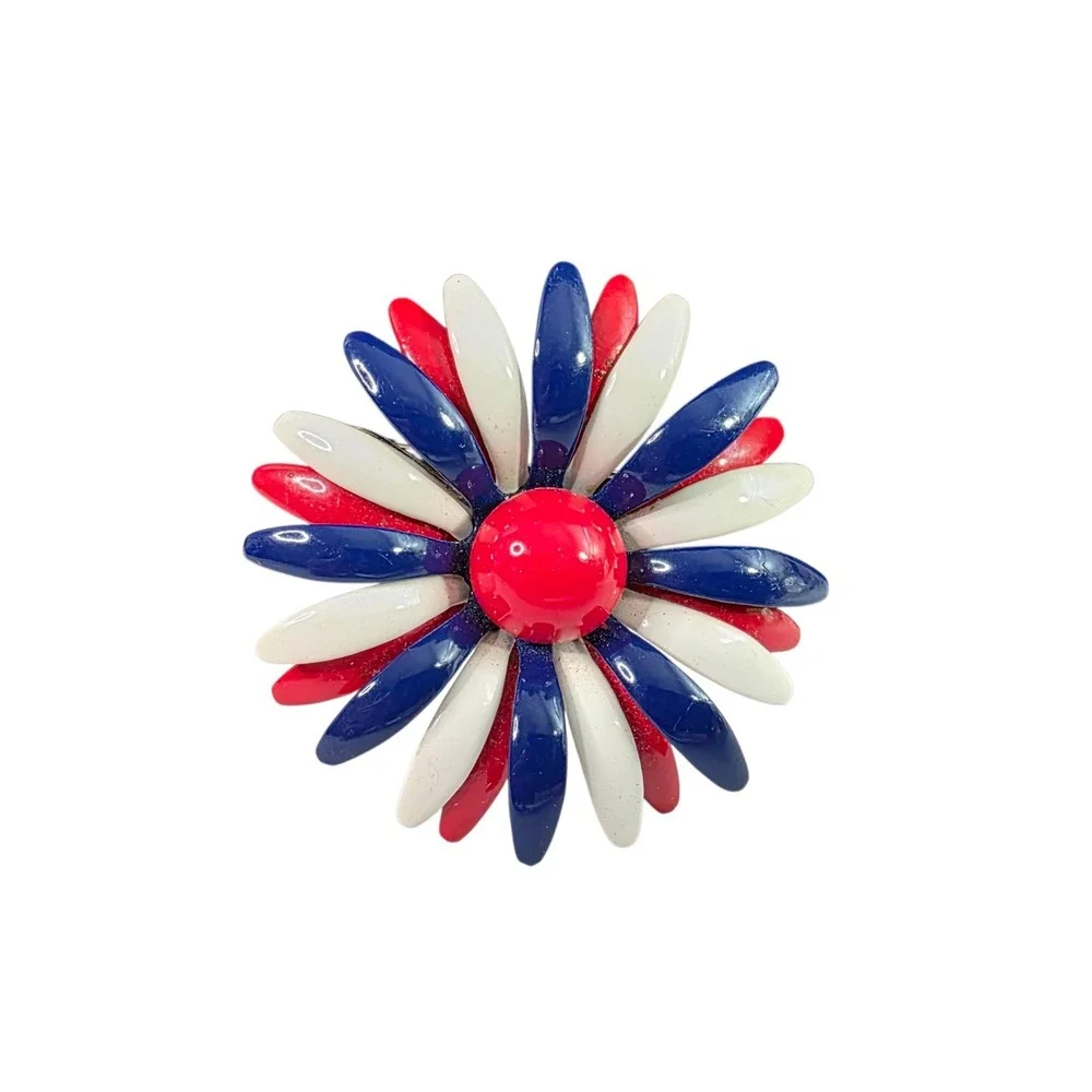 Vintage July 4th Red White Blue Enamel Daisy Brooch Clip On Earring Patriotic‎